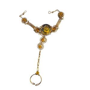 Silver Tone Chain Slave Bracelet Glass Dome Ring Attachment Yellow Swirl 7" NWOT